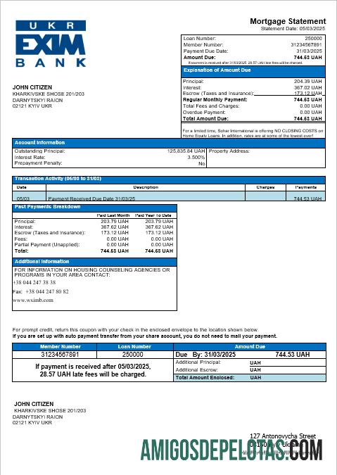 Extrato de hipoteca do banco Ukreximbank da Ucrânia em formatos Word e PDF amostra